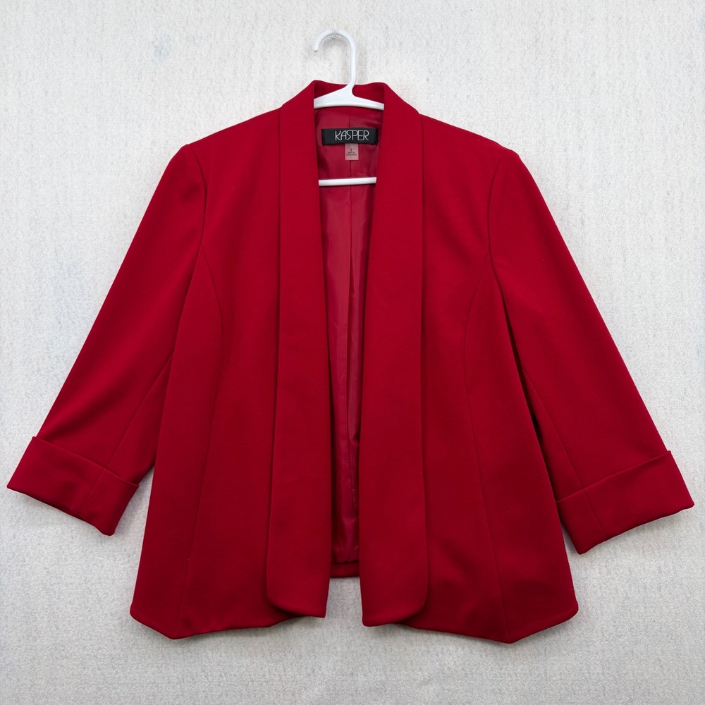 Kasper Womens Red Open Front Shawl Collar 3/4 Sleeve Blazer Jacket Size 6